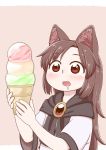  1girl animal_ear_fluff bangs black_scarf blouse brown_hair commentary_request drooling eyebrows_visible_through_hair food gem grey_background holding ice_cream ice_cream_cone imaizumi_kagerou long_hair open_mouth poronegi scarf short_sleeves simple_background solo touhou upper_body white_blouse wide-eyed younger 