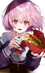  1girl :d absurdres bangs bendy_straw blush collared_shirt dress_shirt drinking_straw eyebrows_visible_through_hair food hair_between_eyes hamburger heart heart_in_eye highres holding holding_food jacket leaning_forward long_sleeves looking_at_viewer off_shoulder open_mouth pink_hair pomu_(pomu_me) purple_jacket red_eyes shinjou_akane shirt simple_background sleeves_past_wrists smile solo ssss.gridman symbol_in_eye unmoving_pattern white_background white_shirt 