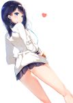  1girl black_hair black_skirt blue_eyes blush cardigan dutch_angle earphones from_behind hands_in_pockets heart highres legs long_sleeves looking_at_viewer looking_back recotasan short_hair simple_background skirt solo ssss.gridman standing sweater takarada_rikka white_background white_cardigan white_sweater 