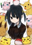  1girl :d akky_(akimi1127) bangs baseball_cap black_eyes black_hair black_shirt blue_eyes breasts closed_eyes collared_shirt commentary_request creatures_(company) eevee eyebrows_visible_through_hair facing_viewer game_freak gen_1_pokemon hair_between_eyes hair_bobbles hair_ornament hat highres jigglypuff looking_at_viewer nintendo open_mouth original parted_lips pikachu poke_ball poke_ball_(generic) pokemon pokemon_(creature) shirt sidelocks simple_background sketch small_breasts smile translated two_side_up white_background 