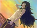  1girl black_hair breasts cellphone dutch_angle expressionless green_eyes highres hiyajou_maho long_hair looking_at_viewer menomorute phone railing shorts sleeveless small_breasts solo steins;gate steins;gate_0 sunset tank_top thick_eyebrows 