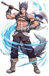  1boy abs absurdres animal_ears axe belt black_gloves black_hair black_legwear black_pants blue_eyes boots facial_scar full_body gatz_(teria_saga) gloves hand_on_hip highres holding holding_axe looking_at_viewer male_focus midriff muscle nose_scar official_art over_shoulder pants scar spiky_hair standing tail teria_saga thigh-highs water white_background wolf_ears wolf_tail 