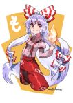  &gt;:) 1girl arm_strap artist_name bow cropped_legs fire fujiwara_no_mokou hair_bow long_hair long_sleeves looking_at_viewer mogamiya_honu ofuda_on_clothes pants red_eyes shirt solo suspenders touhou two-tone_background very_long_hair white_background white_shirt yellow_background 