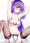  1girl armpits bangs bare_arms blue_eyes blunt_bangs bra breasts earrings el-zheng embarrassed eyebrows_visible_through_hair hair_ornament hairclip hands_up highres jewelry large_breasts long_hair looking_at_viewer mole mole_under_eye navel original panties parted_lips purple_hair purple_legwear solo spread_legs thigh-highs two_side_up underwear underwear_only very_long_hair wet white_bra white_panties yellow_eyes 