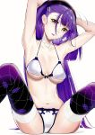 1girl armpits bangs bare_arms blue_eyes blunt_bangs bra breasts el-zheng eyebrows_visible_through_hair eyes_visible_through_hair hair_ornament hairclip hands_up highres large_breasts long_hair looking_at_viewer mole mole_under_eye navel original panties parted_lips purple_hair purple_legwear solo spread_legs thigh-highs two_side_up underwear underwear_only very_long_hair wet white_bra white_panties yellow_eyes 