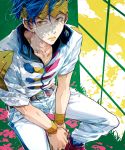  1boy blue_hair diamond_wa_kudakenai earrings from_above headband jewelry jojo_no_kimyou_na_bouken kishibe_rohan lipstick makeup male_focus senbiki_(nonono69) shadow sitting solo window wristband yellow_eyes yellow_lipstick 