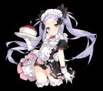  1girl apron bangs birthday_cake black_dress black_panties bow bow_panties breasts burning cake candle copyright_request dress fire food forehead fruit gloves hair_ornament head_tilt holding holding_plate maid maid_headdress panties parted_bangs plate puffy_short_sleeves puffy_sleeves purple_hair red_eyes saru short_sleeves small_breasts solo strawberry twintails underwear white_apron white_gloves 