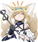  1girl animal_ears arknights bare_shoulders black_gloves blonde_hair blush braid braided_hair_rings closed_eyes closed_mouth clothing_cutout colored_tips commentary_request cropped_torso facing_viewer fox_ears fox_girl fox_tail frilled_sleeves frills gloves hair_rings harusame_mgmg3 highres holding holding_staff kitsune kyuubi multicolored_hair multiple_tails oripathy_lesion_(arknights) short_hair short_sleeves shoulder_cutout single_glove smile solo staff suzuran_(arknights) tail twin_braids two-tone_hair white_hair wrist_cuffs 