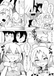  1629doyasa 4girls :o ? absurdres afterimage animal_ears blush bow bowtie comic common_raccoon_(kemono_friends) embarrassed eyebrows_visible_through_hair fennec_(kemono_friends) flying_sweatdrops fox_ears greyscale hair_between_eyes hand_on_own_cheek head_rest highres kaban_(kemono_friends) kemono_friends looking_at_another medium_hair monochrome motion_lines multiple_girls nose_blush open_mouth raccoon_ears serval_(kemono_friends) serval_ears shouting smile spoken_question_mark sweat sweater tongue tongue_out translation_request 