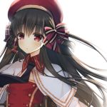  1girl azur_lane bangs beret black_hair blush bow braid breasts capelet cariboy character_request commentary_request eyebrows_visible_through_hair hair_between_eyes hair_bow hair_tubes hat long_hair looking_at_viewer parted_lips red_bow red_eyes red_hat red_shirt shirt side_braid simple_background single_braid small_breasts solo striped striped_bow upper_body utawareru_mono very_long_hair white_background white_capelet 