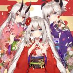  3girls bangs blue_eyes fate/grand_order fate_(series) floral_print hair_between_eyes hair_tubes hands_clasped japanese_clothes kimono long_hair looking_at_viewer marie_antoinette_(fate/grand_order) miyamoto_musashi_(fate/grand_order) multiple_girls necomi obi oni oni_horns own_hands_together petals pink_kimono purple_kimono red_eyes red_kimono sash sidelocks signature silver_hair tomoe_gozen_(fate/grand_order) twintails wide_sleeves 