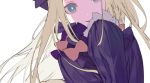  1girl abigail_williams_(fate/grand_order) blonde_hair blue_eyes bow commentary_request covering_mouth dress fate/grand_order fate_(series) hand_over_own_mouth hand_up head_tilt long_hair looking_at_viewer orange_bow purple_bow purple_dress simple_background sleeves_past_fingers sleeves_past_wrists smile solo white_neckwear yamakawa 
