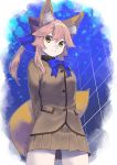  1girl absurdres animal_ears arms_behind_back blue_bow bow bowtie brown_eyes brown_jacket brown_skirt cowboy_shot eyebrows_visible_through_hair fate/extra fate_(series) fox_ears fox_tail from_behind hair_between_eyes hair_bow highres jacket kaerude123 long_hair looking_at_viewer miniskirt pink_hair pleated_skirt red_bow school_uniform shiny shiny_hair skirt smile solo standing tail tamamo_(fate)_(all) tamamo_no_mae_(fate) tsukumihara_academy_uniform_(fate/extra_ccc) 