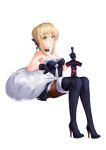  1girl absurdres artoria_pendragon_(all) black_gloves black_legwear blonde_hair boots christmas fate/grand_order fate_(series) gloves highres pantyhose ribbon saber_alter santa_alter santa_boots santa_costume sitting solo thigh-highs thigh_boots yellow_eyes 