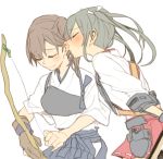  2girls bow_(weapon) brown_hair closed_eyes closed_mouth commentary_request grey_hair holding japanese_clothes kaga_(kantai_collection) kantai_collection multiple_girls muneate nape ree_(re-19) side_ponytail simple_background smile twintails weapon white_background zuikaku_(kantai_collection) 