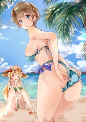  2girls :o adjusting_clothes adjusting_swimsuit ass beach bikini blue_bikini blue_eyes blue_sky blurry blurry_background breasts brown_hair brown_hat closed_eyes clouds cloudy_sky crab crotch_seam depth_of_field earrings eyebrows_visible_through_hair from_behind green_bikini hand_on_own_face hat hat_ribbon highres jewelry kozakura_shiori large_breasts light_blush long_hair looking_at_viewer looking_back multiple_girls navel ocean original palm_tree parted_lips red_ribbon ribbon shi-2 shiori_no_uso_wa_yo_no_makoto short_hair side-tie_bikini sitting sky standing straw_hat sun_hat sunlight sweat swimsuit thigh-highs tree 