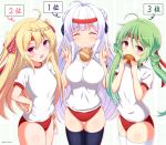  3girls ^_^ ahoge azur_lane bangs black_legwear blonde_hair blush braid bread bread_eating_race breasts buruma closed_eyes closed_eyes closed_mouth comet_(azur_lane) commentary_request covered_mouth crescent_(azur_lane) cygnet_(azur_lane) double_bun double_v eyebrows_visible_through_hair facing_viewer food green_hair gym_shirt hair_between_eyes hairband hands_on_hips hands_up highres kamishiro_(rsg10679) large_breasts long_hair mouth_hold multiple_girls open_mouth red_buruma red_hairband shirt side_bun silver_hair smile standing striped striped_background sweatdrop thigh-highs twintails two_side_up v vertical-striped_background vertical_stripes very_long_hair violet_eyes white_legwear white_shirt 