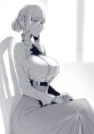  1girl ascot belt braid breasts carmilla_(fate/grand_order) chair closed_mouth eyebrows_visible_through_hair fate/grand_order fate_(series) fingernails french_braid from_side glasses greyscale high-waist_skirt highres large_breasts long_fingernails long_sleeves looking_at_viewer monochrome nakamura_regura pince-nez sharp_fingernails shirt sitting skirt solo 