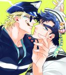  2boys battle_tendency black_hair blonde_hair blue_eyes caesar_anthonio_zeppeli cigarette cosplay dixie_cup_hat facial_mark fingerless_gloves gloves green_eyes hat heart higashikata_jousuke_(jojolion) higashikata_jousuke_(jojolion)_(cosplay) jojo_no_kimyou_na_bouken jojolion joseph_joestar_(young) male_focus military_hat multiple_boys police police_hat police_uniform s_gentian smoking sunglasses uniform white_gloves 