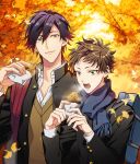  2boys autumn bag black_hair blue_scarf bookbag brown_eyes brown_hair brown_vest copyright_request day food gakuran ginkgo_leaf holding holding_food male_focus multiple_boys official_art open_mouth outdoors scarf school_uniform standing taiyaki tree upper_body vest wagashi 