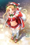  1girl absurdres bandeau bangs belt blonde_hair blush boots breasts cape christmas cleavage earrings elbow_gloves ereshkigal_(fate/grand_order) fate/grand_order fate_(series) fingerless_gloves gloves green_ribbon hat highres hips hoop_earrings huge_filesize infinity jewelry legs long_hair looking_at_viewer medium_breasts navel open_mouth over_shoulder parted_bangs red_cape red_eyes red_footwear red_gloves red_shorts ribbon sack samoore santa_hat shorts solo thigh-highs tiara two_side_up white_legwear 