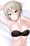  1girl arms_behind_head arms_up bandeau bangs bare_shoulders black_eyes blush breasts cleavage closed_mouth collarbone earrings gomashi_(goma) grey_hair hair_between_eyes highres idolmaster idolmaster_cinderella_girls jewelry looking_at_viewer lying medium_breasts on_back parted_bangs shiomi_shuuko short_hair smile solo 