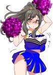  1girl :o absurdres blush bouncing_breasts breasts brown_eyes cheerleader commentary_request embarrassed futaba_rio ganbare_ganbare_(itou_life) glasses grey_hair hands_up highres large_breasts long_hair looking_at_viewer midriff open_mouth pom_poms ponytail qumata seishun_buta_yarou simple_background skirt sleeveless solo white_background wind wind_lift 