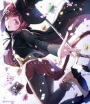  1girl bangs black_cape black_hat black_legwear brown_eyes cape card cat_tail dangan_ronpa happy_birthday hat legs_up long_sleeves looking_at_viewer miniskirt new_dangan_ronpa_v3 open_mouth pantyhose parted_bangs pleated_skirt red_skirt redhead short_hair skirt solo tail witch_hat yumeno_himiko z-epto_(chat-noir86) 
