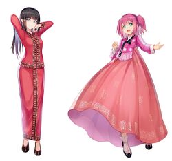  2girls :d aqua_eyes bangs blue_eyes blunt_bangs blush boots bow brown_footwear brown_hair brown_skirt btraphen closed_mouth commentary_request eyebrows_visible_through_hair full_body hair_between_eyes hanbok head_tilt high-waist_skirt korean_clothes kurosawa_dia kurosawa_ruby long_hair long_skirt long_sleeves looking_at_viewer love_live! love_live!_sunshine!! mole mole_under_mouth multiple_girls open_mouth pink_hair red_bow red_shirt red_skirt round_teeth shirt shoes simple_background skirt smile standing teeth two_side_up upper_teeth very_long_hair white_background 