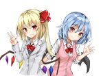  2girls :3 alternate_costume amagi_(amagi626) bangs bat_wings blazer blonde_hair blue_hair blush bow bowtie breasts cardigan_vest commentary_request contemporary crystal eyebrows_visible_through_hair flandre_scarlet grey_jacket grey_vest hair_between_eyes hair_ribbon hand_up head_tilt jacket long_hair long_sleeves looking_at_viewer medium_breasts multiple_girls no_hat no_headwear one_side_up pink_vest red_bow red_eyes red_neckwear red_ribbon remilia_scarlet ribbon school_uniform shirt short_hair siblings simple_background sisters smile sweater_vest touhou upper_body v vest white_background white_shirt wing_collar wings 