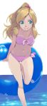  1girl akinbo_(hyouka_fuyou) arms_behind_back bikini blonde_hair breasts cleavage collarbone front-tie_bikini front-tie_top green_eyes hair_bobbles hair_ornament high_ponytail highres innertube leg_up long_hair looking_to_the_side medium_breasts minamino_kanade musical_note musical_note_print navel ocean parted_lips pink_bikini precure shiny shiny_hair side-tie_bikini smile solo standing standing_on_one_leg striped striped_bikini suite_precure swimsuit very_long_hair white_background 