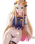  1girl abigail_williams_(fate/grand_order) arm_garter artist_request bangs bare_shoulders black_bow black_legwear black_panties black_shirt blonde_hair blue_eyes blush bow breasts closed_mouth crop_top fate/grand_order fate_(series) forehead hair_bow hand_in_hair highres hips keyhole long_hair looking_at_viewer navel orange_bow panties parted_bangs polka_dot polka_dot_bow ribbed_shirt shirt simple_background single_thighhigh sleeveless small_breasts smile solo thigh-highs thighs underwear white_background 