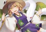  13_(spice!!) :d animal animal_print arm_at_side arm_up blonde_hair blush cross-laced_clothes detached_sleeves fang frog_print green_eyes hair_between_eyes hair_ribbon hand_on_headwear leaf_print lily_pad long_sleeves mishaguji moriya_suwako open_mouth outstretched_arm outstretched_hand purple_skirt purple_vest pyonta red_eyes red_ribbon ribbon ribbon_trim shirt short_hair skirt skirt_set slit_pupils smile snake thigh-highs touhou vest white_legwear white_pupils white_shirt wide_sleeves yellow_eyes 