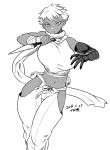  bare_shoulders breasts dark_skin gauntlets hip_vent kunai large_breasts midriff monochrome ninja original scarf short_hair tsukudani_(coke-buta) tsurime weapon 