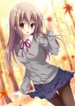  1girl :d autumn_leaves bangs blue_skirt blurry blurry_background blush bow breasts brown_eyes brown_hair brown_legwear cardigan collared_shirt commentary_request day depth_of_field dress_shirt dutch_angle eyebrows_visible_through_hair fingernails grey_cardigan hair_between_eyes hair_bow hand_up head_tilt highres holding holding_leaf leaf long_hair long_sleeves looking_at_viewer maple_leaf medium_breasts motion_blur neck_ribbon open_mouth original outdoors pantyhose pimopi pleated_skirt red_ribbon ribbon shirt skirt sleeves_past_wrists smile solo tree very_long_hair white_shirt yellow_bow 