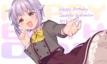  1girl 2018 :d background_text bangs blush bow brown_eyes brown_skirt character_name collared_shirt commentary dated eyebrows_visible_through_hair fingernails frilled_skirt frills hair_intakes happy_birthday highres idolmaster idolmaster_cinderella_girls koshimizu_sachiko lavender_hair long_skirt long_sleeves looking_at_viewer open_mouth reaching_out school_uniform shirt short_hair skirt smile solo upper_body uso_(ameuzaki) white_background yellow_bow 