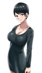  1girl absurdres arms_at_sides baek black_dress black_eyes black_hair breasts cleavage collarbone dress highres large_breasts looking_at_viewer mature original short_hair simple_background smile solo standing white_background 