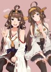  2girls ahoge alakoala_shoushou artist_name boots brown_hair brown_skirt collaboration dated detached_sleeves double_bun dual_persona frilled_skirt frills grin hairband headgear highres kantai_collection kongou_(kantai_collection) long_hair multiple_girls nontraditional_miko open_mouth pantyhose pleated_skirt ribbon-trimmed_sleeves ribbon_trim skirt smile thigh-highs thigh_boots thighband_pantyhose ueno_(sakumogu-029) upper_teeth violet_eyes 