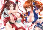 2girls absurdres arm_guards bangs bare_shoulders blush breasts bridal_gauntlets brown_eyes brown_hair choker cleavage closed_fan closed_mouth collarbone dead_or_alive fan fatal_fury floral_print folding_fan hair_between_eyes hair_ribbon hand_in_hair high_ponytail highres hips huge_filesize japanese_clothes kasumi_(doa) knife large_breasts long_hair looking_at_viewer multiple_girls nez-kun ninja obi open_mouth orb parted_bangs pelvic_curtain petals ponytail ribbon rope sash sheath sheathed shiranui_mai short_sleeves sideboob signature simple_background smile tassel the_king_of_fighters thigh-highs thighs white_background white_legwear white_ribbon yellow_ribbon 
