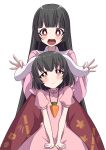 2girls :d bangs behind_another black_hair blouse blunt_bangs blush carrot_necklace commentary_request cowboy_shot dress ear_lift hands_on_lap head_tilt highres hime_cut holding_ears houraisan_kaguya inaba_tewi long_hair long_sleeves looking_at_viewer looking_up multiple_girls open_mouth pink_blouse pink_dress puffy_short_sleeves puffy_sleeves red_eyes red_skirt short_hair short_sleeves simple_background sitting skirt smile standing touhou tsukimirin very_long_hair white_background white_pupils 