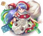  1girl alternate_color anarogumaaa bangs blue_hair blush box closed_mouth commentary_request doremy_sweet dress eyebrows_visible_through_hair full_body gift gift_box hat holding long_hair outstretched_arm polka_dot pom_pom_(clothes) red_dress red_footwear red_hat sack santa_costume santa_hat shoes simple_background smile snowflakes solo swept_bangs touhou very_long_hair violet_eyes white_background wreath 