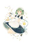  1girl alternate_costume apron bespectacled bow dress floating food frills glasses green_hair highres looking_at_viewer lrul macross macross_frontier maid maid_headdress pinky_out ranka_lee red_eyes ribbon short_hair solo star wrist_cuffs 