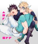  2boys battle_tendency black_hair blonde_hair blue_eyes caesar_anthonio_zeppeli facial_mark feathers fingerless_gloves gloves green_eyes hair_feathers headband jojo_no_kimyou_na_bouken joseph_joestar_(young) knee_pads koeri male_focus midriff multiple_boys open_mouth purple_hair sitting 