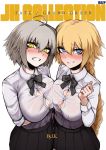  2girls anger_vein black_neckwear black_skirt blonde_hair blue_eyes blush bow bowtie braid breast_press breasts bursting_breasts clenched_teeth collared_shirt copyright_name cover cover_page doujin_cover dual_persona eyebrows_visible_through_hair fate/grand_order fate_(series) grey_hair hair_between_eyes hand_up j.k. jeanne_d&#039;arc_(alter)_(fate) jeanne_d&#039;arc_(fate)_(all) long_hair long_sleeves looking_at_viewer multiple_girls nose_blush office_lady pale_skin pleated_skirt school_uniform shirt signature skirt smile standing sweatdrop symmetrical_docking teeth very_long_hair wet wet_clothes wet_shirt white_shirt wing_collar yellow_eyes 