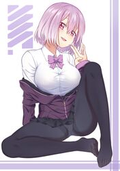  1girl absurdres black_legwear black_skirt bow bowtie breasts caibao fang highres large_breasts lavender_hair long_sleeves looking_at_viewer open_mouth panties panties_under_pantyhose pantyhose pink_eyes purple_neckwear shinjou_akane shirt short_hair sitting skirt smile solo ssss.gridman underwear white_shirt 