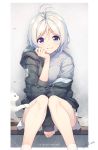  1girl antenna_hair between_legs blue_eyes cat chin_rest commentary_request dennou_shoujo_youtuber_shiro english eyebrows_visible_through_hair feet_out_of_frame grey_background grey_sweater hand_between_legs highres hood hood_down hoodie knees_together_feet_apart looking_at_viewer nijihashi_sora off_shoulder shiro_(dennou_shoujo_youtuber_shiro) signature silver_hair sitting smile socks solo sweater virtual_youtuber white_cat white_legwear 