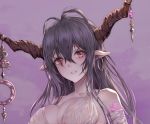  1girl antenna_hair black_hair breasts danua draph earrings eyebrows_visible_through_hair granblue_fantasy highres horns jewelry large_breasts long_hair looking_at_viewer myless pale_skin pointy_ears red_eyes solo upper_body 