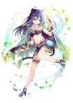  1girl absurdres ahoge animal_ears aqua_cape arm_strap blue_eyes breasts claw_(weapon) cleavage clenched_hand full_body gradient_hair green_hair high_heels highres leaf long_hair medium_breasts midriff multicolored_hair navel official_art purple_hair slashing solo standing tail teria_saga veronica_(teria_saga) weapon white_background wind 