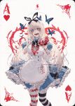  1girl ace_of_hearts alice_(wonderland) alice_in_wonderland apron bandage bandaged_arm bandages bandaid bangs blonde_hair blood blue_eyes blush bow breasts bug butterfly card commentary dress facial_mark frilled_dress frills hair_between_eyes hair_ribbon hand_on_own_face head_tilt heart heart-shaped_pupils heart_(organ) heart_print highres holding insect long_hair looking_at_viewer medium_breasts mismatched_legwear open_mouth original pantyhose playing_card puffy_short_sleeves puffy_sleeves ribbon short_sleeves simple_background solo standing striped striped_legwear stuffed_animal stuffed_bunny stuffed_toy symbol-shaped_pupils teeth underbust wanke 
