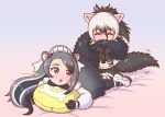  2girls :o ^_^ aardwolf_(kemono_friends) aardwolf_ears aardwolf_tail anteater_ears anteater_tail black_hair brown_eyes closed_eyes closed_eyes commentary_request elbow_gloves eyebrows_visible_through_hair giant_anteater_(kemono_friends) gloves grey_hair hair_between_eyes hair_ornament highres japari_symbol kemono_friends long_hair looking_back lying maid_headdress multicolored_hair multiple_girls on_back pillow ponytail shorts tail tail_hug white_hair yosiyuki_yosizou 